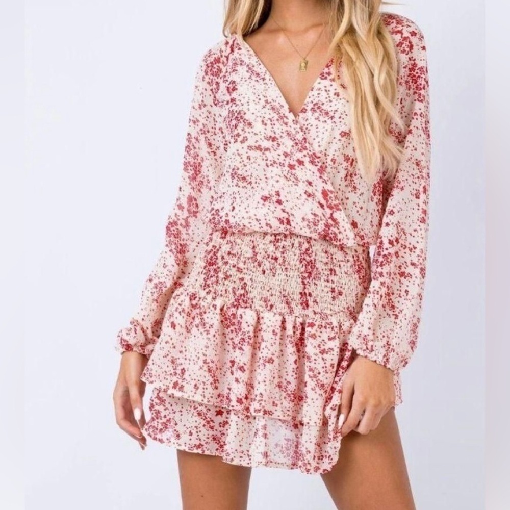 Princess Polly Altona Smocked Tiered Ruffle Long Sleeve Print Mini Dress Size 0